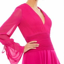 Mac Duggal 26411 Hot Pink Cocktail Dress Ieena Long Sheer Bell Sleeves V Neckline Wide Waistband