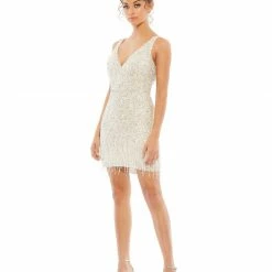 In Stock Mac Duggal 4971 Size 10 Short Fitted Sequin V Neck Cocktail Dress Fringe Beaded Tassel