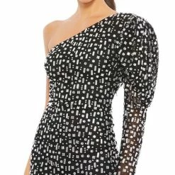 Ieena For Mac Duggal 10738 Nude Cocktail Dress One Shoulder Long Puff Sleeve Sequin Dresses