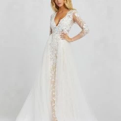 In Stock Ballgown Dresses Mac Duggal 26322M Lace Wedding Dress Size 10 Sheer Long Sleeve Overskirt Dress Prom Bridal Pageant