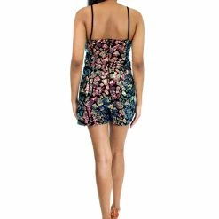 Marc Defang 6010 Black Multi Romper Iridescent Sequins Detachable Satin Overskirt Fun Fashion