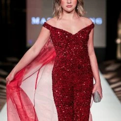 In Stock Marc Defang 8046 Red Sequin Velvet Jumpsuit Size 2 Fun Fashion Off The Shoulder Organza Cape