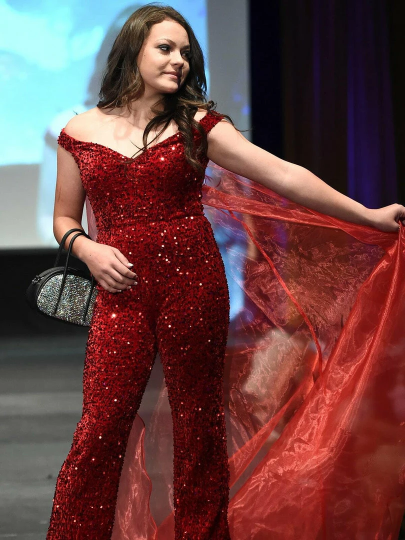 Marc Defang 8046 Sequin Velvet Jumpsuit Fun Fashion Off The Shoulder Organza Cape Sequin Dresses 8 Marc Defang 8046 Sequin Velvet Jumpsuit Fun Fashion Off The Shoulder Organza Cape Sequin Dresses