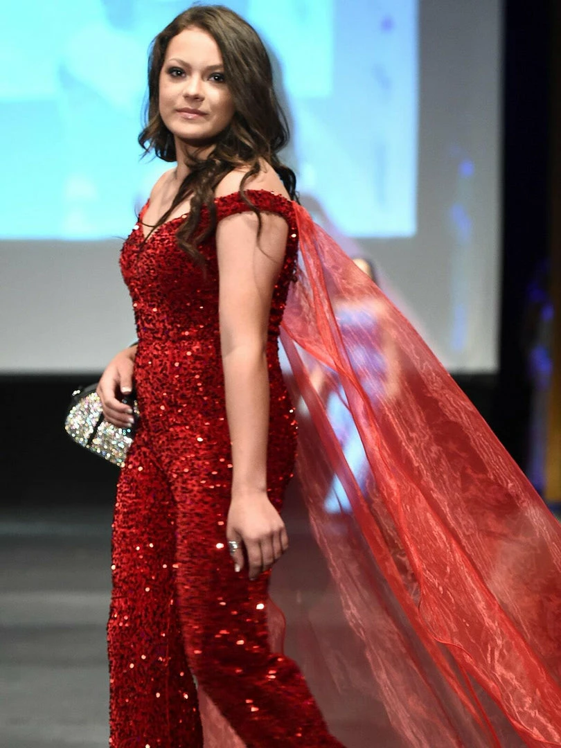 In Stock Marc Defang 8046 Red Sequin Velvet Jumpsuit Size 2 Fun Fashion Off The Shoulder Organza Cape 6 In Stock Marc Defang 8046 Red Sequin Velvet Jumpsuit Size 2 Fun Fashion Off The Shoulder Organza Cape