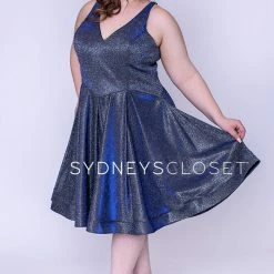 In Stock Sydney's Closet 8100 Sz 14 Cobalt V Neckline Holographic Short Formal Cocktail Dress Plus Sized