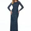 Ashleylauren Sequin Dresses Ashley Lauren 1985 Navy Evening Dress Sheer Long Sleeves Beaded Prom Dress Pageant Gown