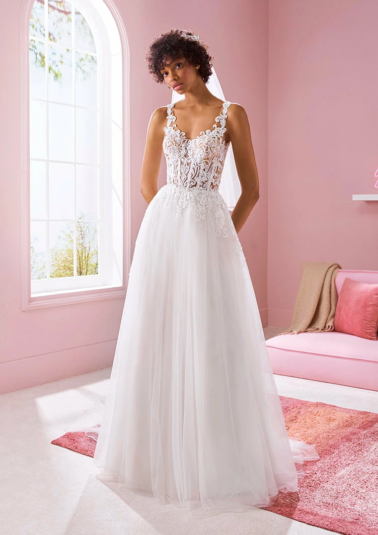 White One Bridal NAIJA Pronovias Wedding Dress Evase Silhouette Sheer Corset Bodice 3 White One Bridal NAIJA Pronovias Wedding Dress Evase Silhouette Sheer Corset Bodice