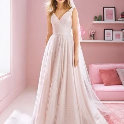 White One Bridal NINA Pronovias Wedding Dress Blush Shimmer Tulle V Neck Gown
