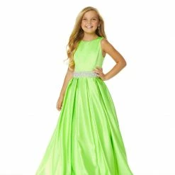 Ashley Lauren Kids Ashley Lauren 8028 Heavy Satin Girls Pageant Dress Ball Gown Pleated Crystal Waistline