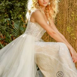Nox Anabel E474 Long Lace Fitted Wedding Dress Overskirt Destination Bridal Gown Sequins