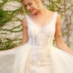 Nox Anabel E474 Long Lace Fitted Wedding Dress Overskirt Destination Bridal Gown Sequins