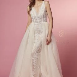 Nox Anabel E474 Long Lace Fitted Wedding Dress Overskirt Destination Bridal Gown Sequins