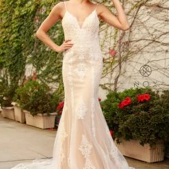Nox Anabel H494 Long Fitted Lace Backless Wedding Dress V Neck Bridal Gown Destination 16 Nox Anabel H494 Long Fitted Lace Backless Wedding Dress V Neck Bridal Gown Destination