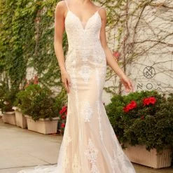 Nox Anabel H494 Long Fitted Lace Backless Wedding Dress V Neck Bridal Gown Destination