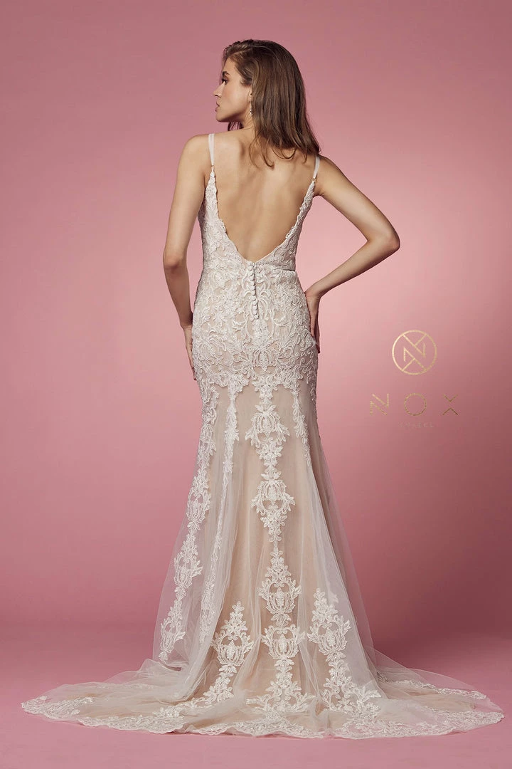 Nox Anabel H494 Long Fitted Lace Backless Wedding Dress V Neck Bridal Gown Destination 6 Nox Anabel H494 Long Fitted Lace Backless Wedding Dress V Neck Bridal Gown Destination