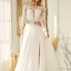 Nox Anabel JE911 Long Sleeve Sheer Maxi Slit Wedding Dress A Line Bridal Gown V Neck