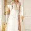 Nox Anabel JE911 Long Sleeve Sheer Maxi Slit Wedding Dress A Line Bridal Gown V Neck