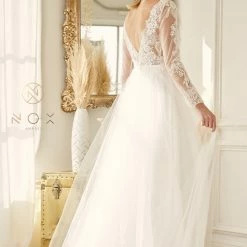 Nox Anabel JE911 Long Sleeve Sheer Maxi Slit Wedding Dress A Line Bridal Gown V Neck