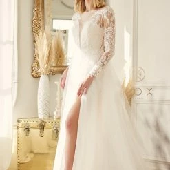 Nox Anabel JE911 Long Sleeve Sheer Maxi Slit Wedding Dress A Line Bridal Gown V Neck