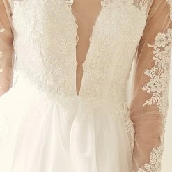 Nox Anabel JE911 Long Sleeve Sheer Maxi Slit Wedding Dress A Line Bridal Gown V Neck