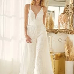 Nox Anabel JE926 Sequin & Pearl Bridal V Neck Jumpsuit Overskirt Pockets Wedding Pant Suit Sequin Dresses