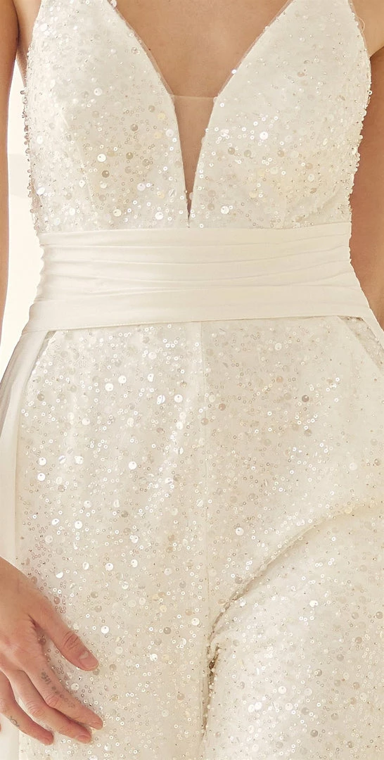 Nox Anabel JE926 Sequin & Pearl Bridal V Neck Jumpsuit Overskirt Pockets Wedding Pant Suit Sequin Dresses 4 Nox Anabel JE926 Sequin & Pearl Bridal V Neck Jumpsuit Overskirt Pockets Wedding Pant Suit Sequin Dresses