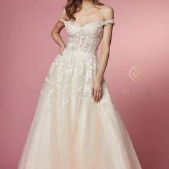 Nox Anabel JH925 Long A Line Ballgown Wedding Dress Sheer Lace Off The Shoulder Bridal Gown Ballgown Dresses