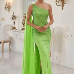 Nox Anabel E1039 Long Fitted Neon One Shoulder Prom Dress Pageant Cape Formal Gown Backless Dresses