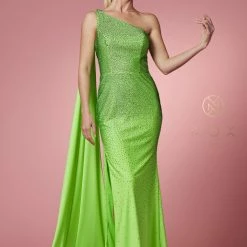 Nox Anabel E1039 Long Fitted Neon One Shoulder Prom Dress Pageant Cape Formal Gown Backless Dresses