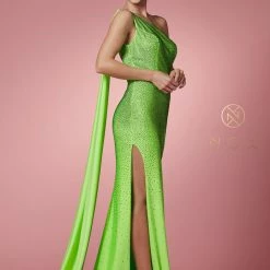 Nox Anabel E1039 Long Fitted Neon One Shoulder Prom Dress Pageant Cape Formal Gown Backless Dresses