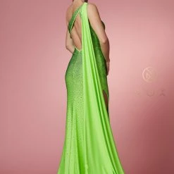 Nox Anabel E1039 Long Fitted Neon One Shoulder Prom Dress Pageant Cape Formal Gown Backless Dresses