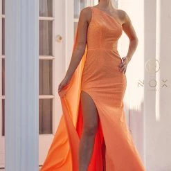 Nox Anabel E1039 Long Fitted Neon One Shoulder Prom Dress Pageant Cape Formal Gown Backless Dresses