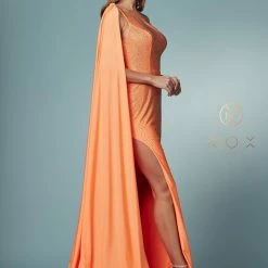 Nox Anabel E1039 Long Fitted Neon One Shoulder Prom Dress Pageant Cape Formal Gown Backless Dresses