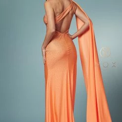 Nox Anabel E1039 Long Fitted Neon One Shoulder Prom Dress Pageant Cape Formal Gown Backless Dresses