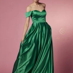 Nox Anabel R1032 Long Satin Formal Off The Shoulder Evening Dress Pockets Prom Gown