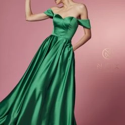 Nox Anabel R1032 Long Satin Formal Off The Shoulder Evening Dress Pockets Prom Gown