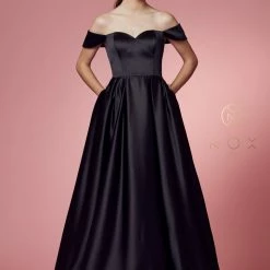 Nox Anabel R1032 Long Satin Formal Off The Shoulder Evening Dress Pockets Prom Gown