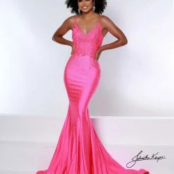 Corset Dresses Johnathan Kayne 2439 Lace Bodice Crystal Fitted Skirt V Neckline Corset Lace Up Back