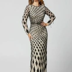 Discontinued Primavera Couture 3369 Diamond Beaded Evening Gown Long Sleeves Sheer Back Long Sleeve Dresses