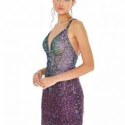 Ashleylauren Sequin Dresses Ashley Lauren 4276 Beaded Short Cocktail Dress With Fringe And Nude Bodysuit