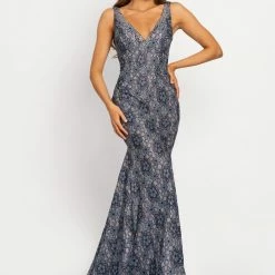In Stock Johnathan Kayne 2259 Glitter Lace Floral Mermaid Prom Dress Evening Gown Size 4 Navy
