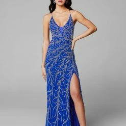 In Stock Primavera Couture 3636 Size 00 Long Fitted Beaded Prom Dress V Neck Slit Formal Pageant