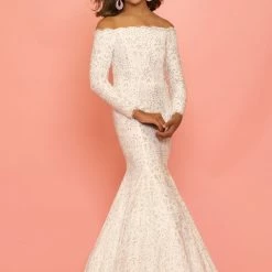 Sugar Kayne Dress C126 Off Shoulder Long Lace Sleeve Mermaid Pageant Dress Overskirt