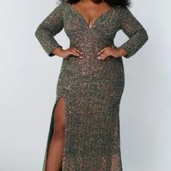 Sydney's Closet SC7333 Fitted Long Sleeved Evening Prom Dress With Slit SC 7333 Sydney's Closet And Tease Prom