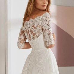 In Stock White One OSSA Size 28 Sheer Lace Off The Shoulder Wedding Dress Sleeves Ballgown Ballgown Dresses