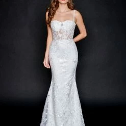 In Stock Mermaid Dresses Nina Canacci 6556 Size 8 Long Mermaid Prom Pageant Gown Sheer Lace Corset Dress Train