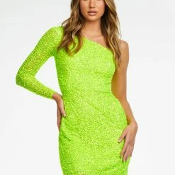 Ashleylauren Sequin Dresses Ashley Lauren 4457 Short Cocktail Dress One Shoulder Long Sleeve Fitted