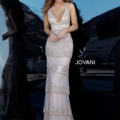 Jovani 4099 Embellished V Neckline Couture Evening Gown Formal Dress Layer
