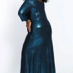 Sydney's Closet CE2015 Metallic Evening Dress Plus Sized Long Sleeves Slit CE 2015