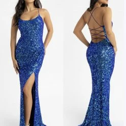 In Stock Backless Dresses Primavera Couture 3290 Neon Pink Size 4, 6 Prom Dress Sequins Long Fitted Tie Back Scoop Neckline